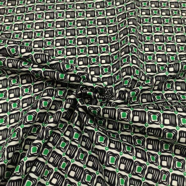 Tessuto Rasatello di cotone a fantasia motivo geometrico bianco - blu - verde