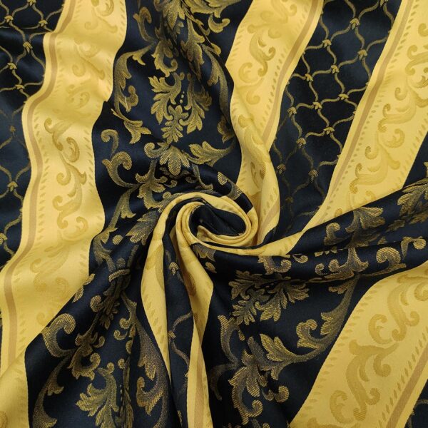 Tessuto raso damascato per arredamento motivo rigato blu - oro