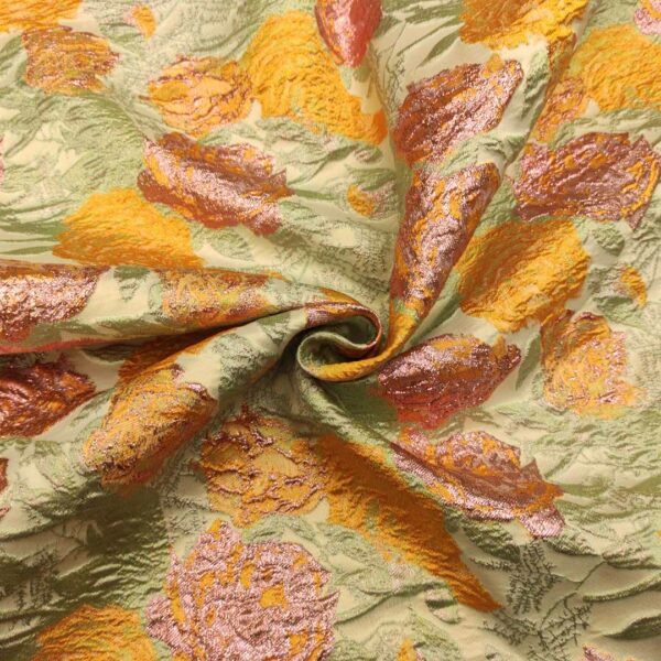 Tessuto Broccato in seta motivo floreale verde acqua - ocra - rosa gold