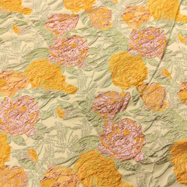 Tessuto Broccato in seta motivo floreale verde acqua - ocra - rosa gold