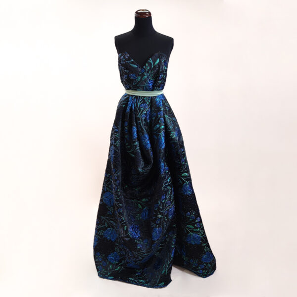 Tessuto Broccato in seta motivo floreale blu elettrico - nero