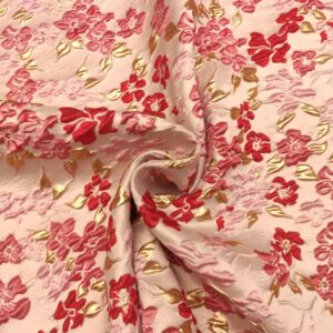 Tessuto Broccato in seta motivo floreale rosa - ciliegio - oro