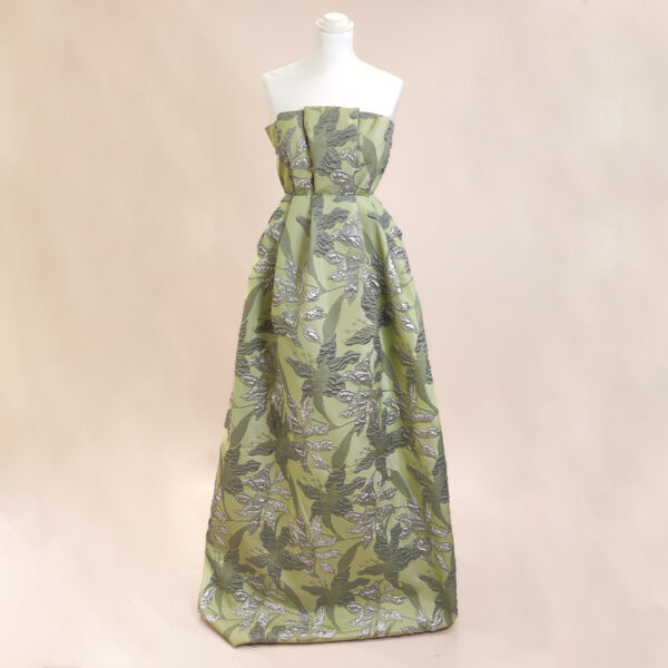 Tessuto Broccato in seta motivo floreale verde salvia - argento