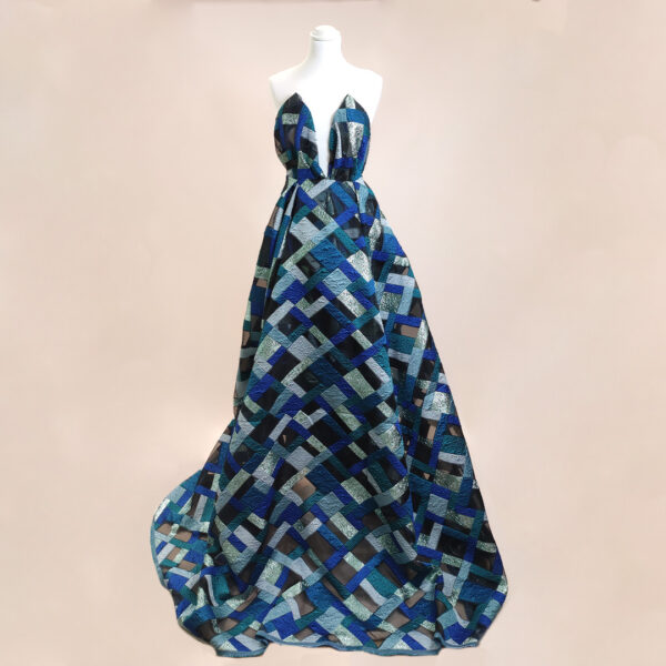 Tessuto Broccato in seta motivo geometrico verde petrolio - acquamarina - blu navy