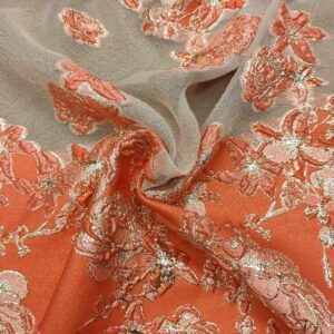 Tessuto organza jacquard motivo floreale arancione - oro