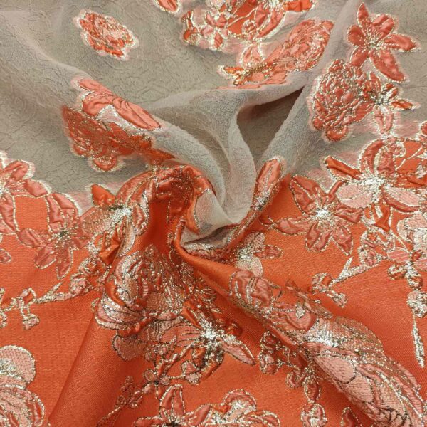 Tessuto organza jacquard motivo floreale arancione - oro