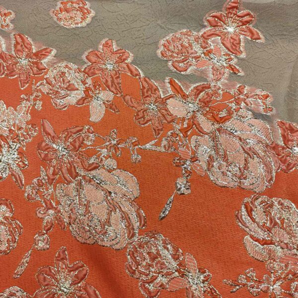 Tessuto organza jacquard motivo floreale arancione - oro