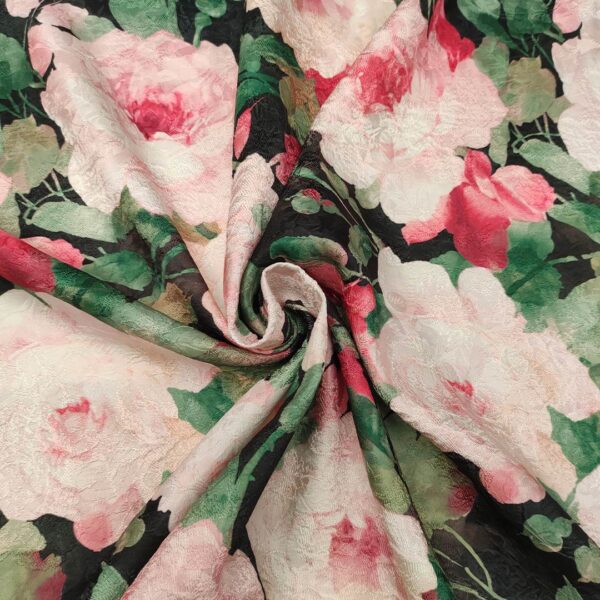 Tessuto Broccato in cotone a fantasia motivo floreale rosa - verde - nero - geranio