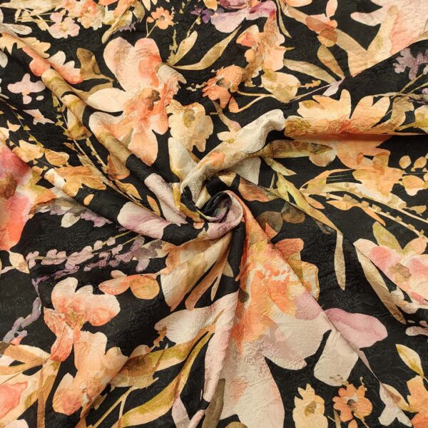 Tessuto Broccato in cotone a fantasia motivo floreale pesco - nero - ocra - rosa antico