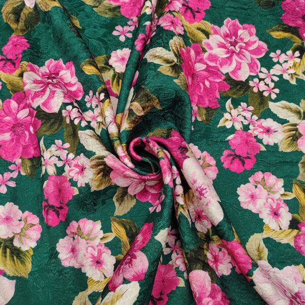 Tessuto Broccato in cotone a fantasia motivo floreale verde bottiglia - fucsia - rosa - verde acido