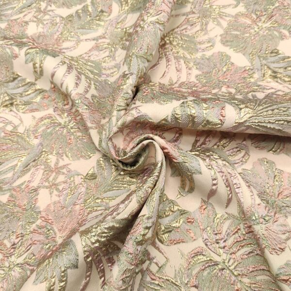 Tessuto Broccato in seta motivo astratto beige - salvia - pesco - oro