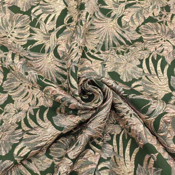 Tessuto Broccato in seta motivo astratto verde - oro - rosa