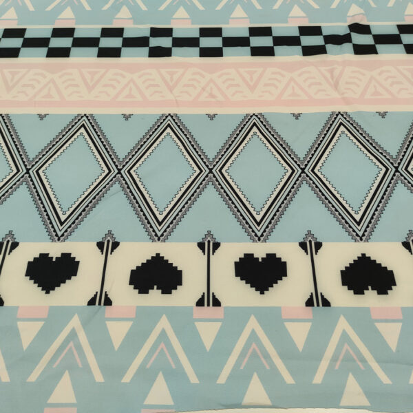 Tessuto Cady elasticizzato a fantasia motivo astratto celeste - rosa - nero