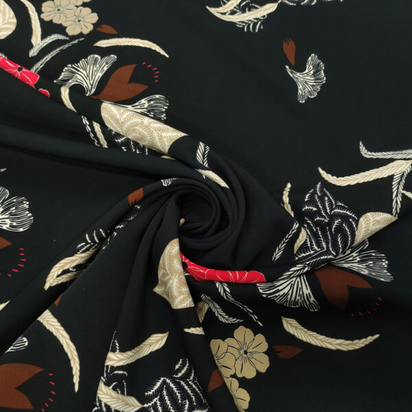 Tessuto cady elasticizzato a fantasia motivo floreale nero - beige - rosso