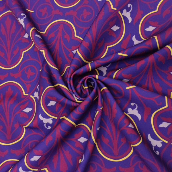 Tessuto Cady elasticizzato a fantasia motivo astratto viola - bordeaux - giallo