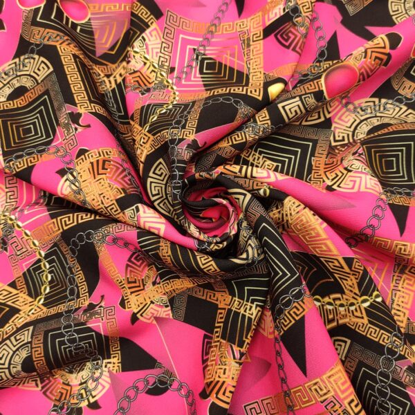 Tessuto Cady elasticizzato a fantasia motivo floreale barocco fucsia - oro - nero