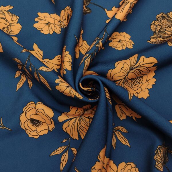 Tessuto Cady elasticizzato a fantasia motivo floreale blu navy - tabacco