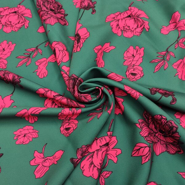 Tessuto Cady elasticizzato a fantasia motivo floreale fucsia - verde petrolio