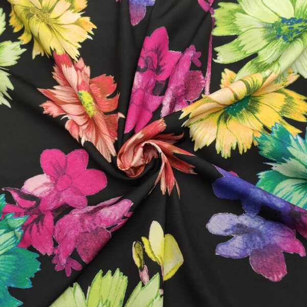 Tessuto Cady elasticizzato a fantasia motivo floreale nero - lime - fucsia - giallo