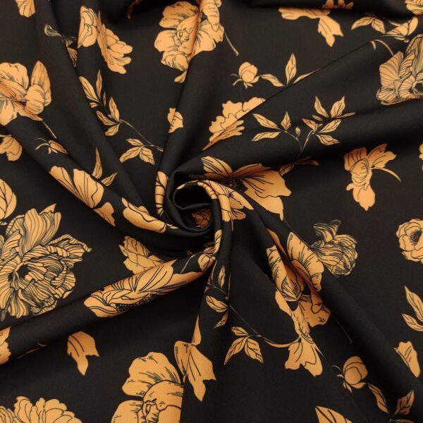 Tessuto Cady elasticizzato a fantasia motivo floreale nero - tabacco