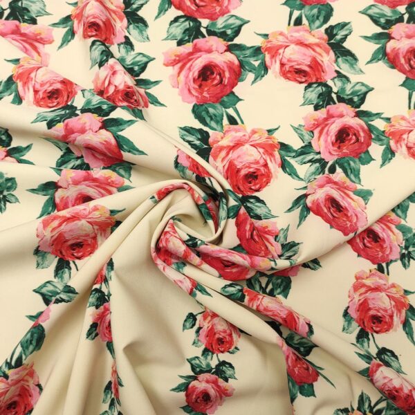 Tessuto Cady elasticizzato a fantasia motivo floreale panna - verde - rosa - rosso