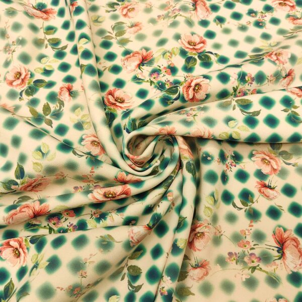 Tessuto Cady elasticizzato a fantasia motivo floreale pesco - verde smeraldo - beige