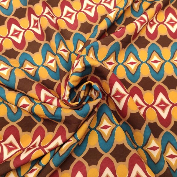 Tessuto Cady elasticizzato a fantasia motivo geometrico bordeaux - ocra - verde ottanio