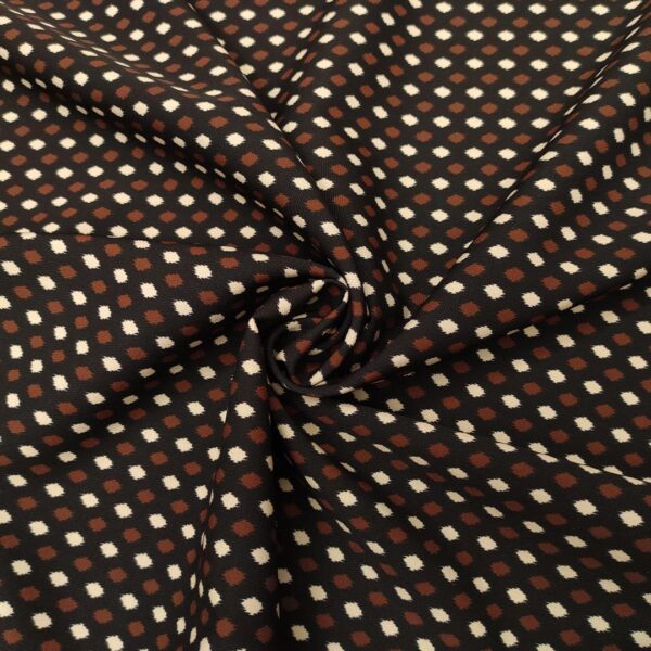 Tessuto Cady elasticizzato a fantasia motivo geometrico panna - marrone - nero