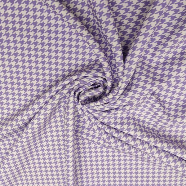 Tessuto Cady elasticizzato a fantasia motivo pied de poule bianco - lilla