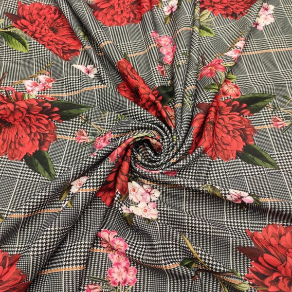 Tessuto Cady elasticizzato a fantasia motivo floreale bianco - rosso - verde - nero - rosa