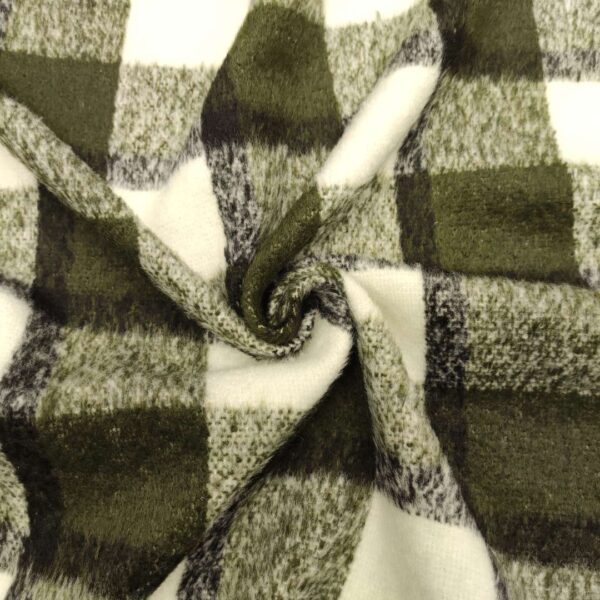 Tessuto per cappotto motivo quadri verde militare - panna