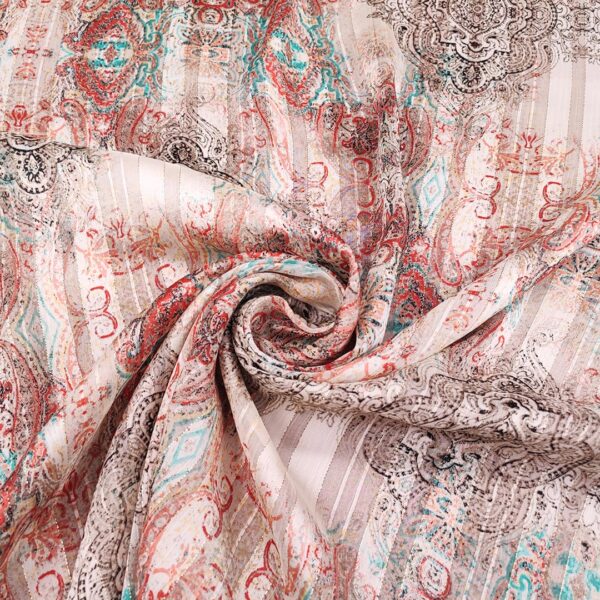 Tessuto Chiffon a fantasia con filo lurex motivo floreale barocco panna - rosso - tiffany