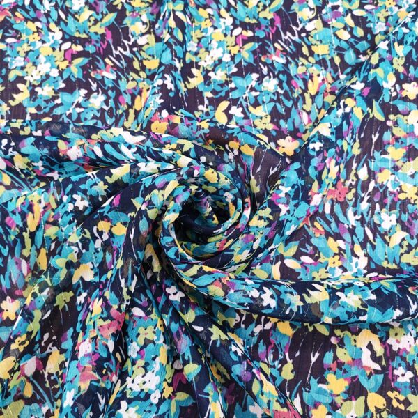 Tessuto Chiffon a fantasia con filo lurex motivo floreale blu - ottanio - giallo - vinaccio