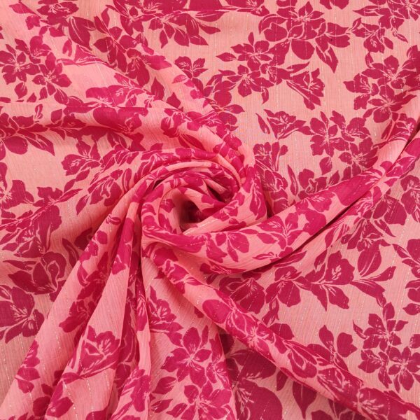 Tessuto Chiffon a fantasia con filo lurex motivo floreale corallo - magenta