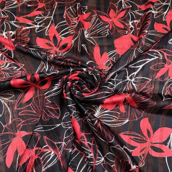 Tessuto Chiffon a fantasia con filo lurex motivo floreale rosso - nero - panna
