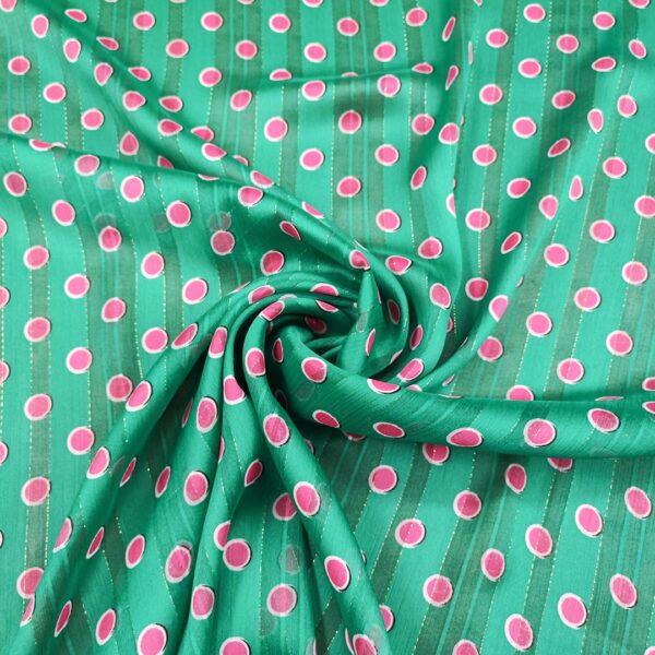 Tessuto Chiffon a fantasia con filo lurex motivo pois verde smeraldo - fucsia