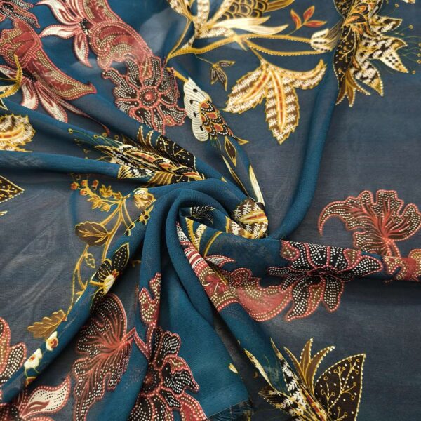 Tessuto Chiffon a fantasia motivo floreale ottanio - ocra - geranio