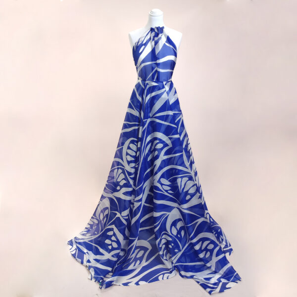 Tessuto Chiffon a fantasia motivo astratto blu elettrico - bianco