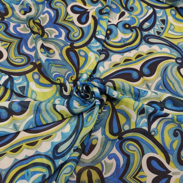 Tessuto Chiffon a fantasia motivo astartto verde acido - blu