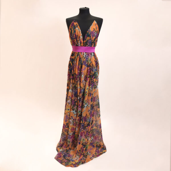 Tessuto Chiffon a fantasia motivo floreale arancione - fucsia - viola