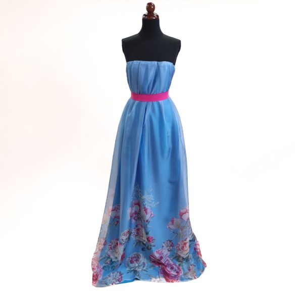 Tessuto Chiffon a fantasia motivo floreale balzato celeste - fucsia - bianco