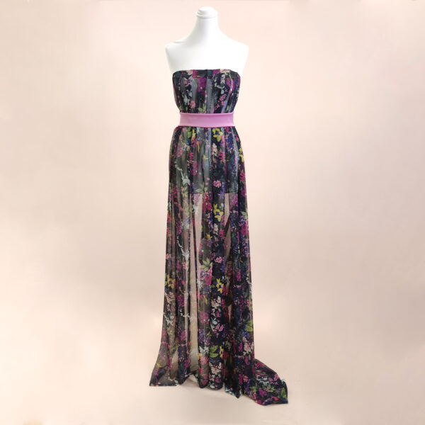 Tessuto Chiffon a fantasia motivo floreale nero - fucsia - verde