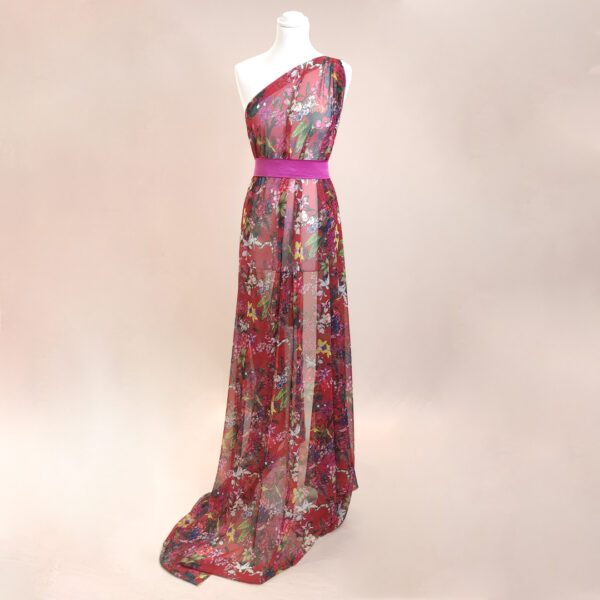 Tessuto Chiffon a fantasia motivo floreale rosso - blu - verde