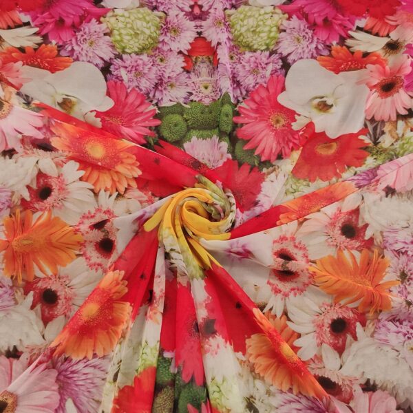 Tessuto Chiffon a fantasia motivo floreale rosso - glicine - giallo