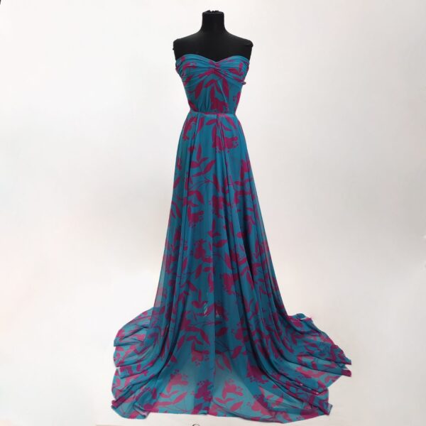 Tessuto Chiffon a fantasia motivo floreale turchese - fucsia