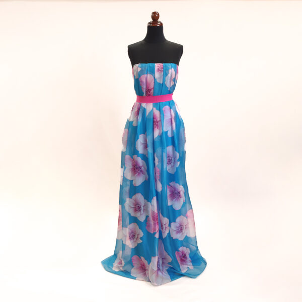 Tessuto Chiffon a fantasia motivo floreale turchese - rosa