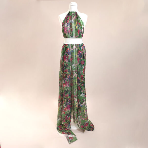 Tessuto Chiffon a fantasia motivo floreale verde - fucsia - bianco