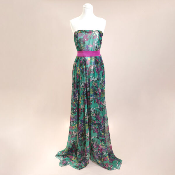 Tessuto Chiffon a fantasia motivo floreale verde - fucsia