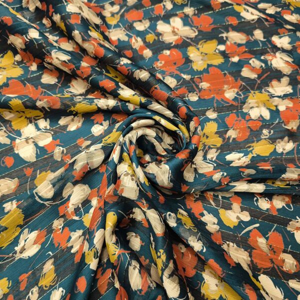 Tessuto Chiffon a fantasia con filo lurex motivo floreale ottanio - coccio - ocra