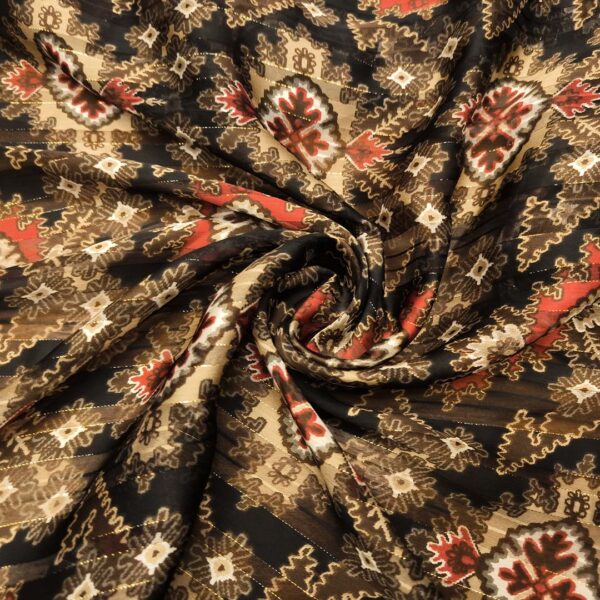 Tessuto Chiffon a fantasia con filo lurex motivo etnico rosso - panna - nero